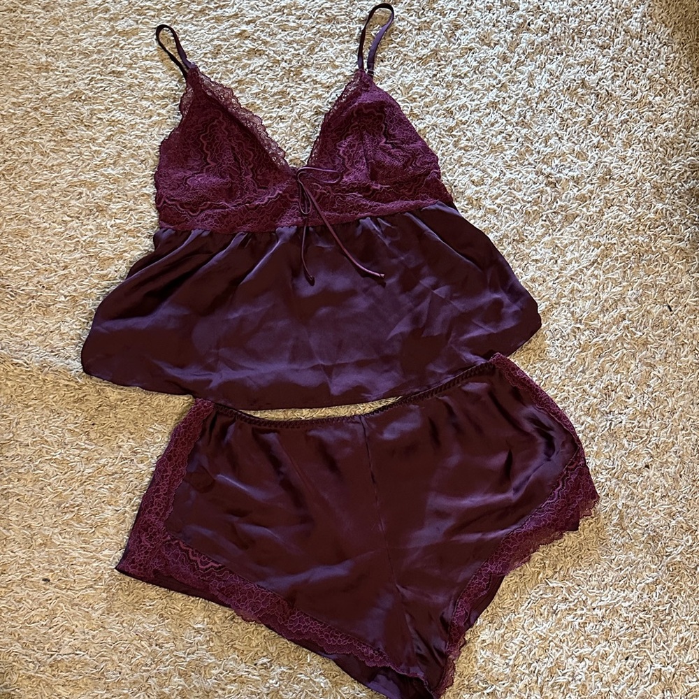 Victoria Secret Silky Lace Trim Burgundy Sleep Cami & Shorts Set
